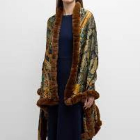 La Fiorentina Accessories - La Fiorentina brown blue Paisley rabbit fur scarf shawl poncho Made in Itlay